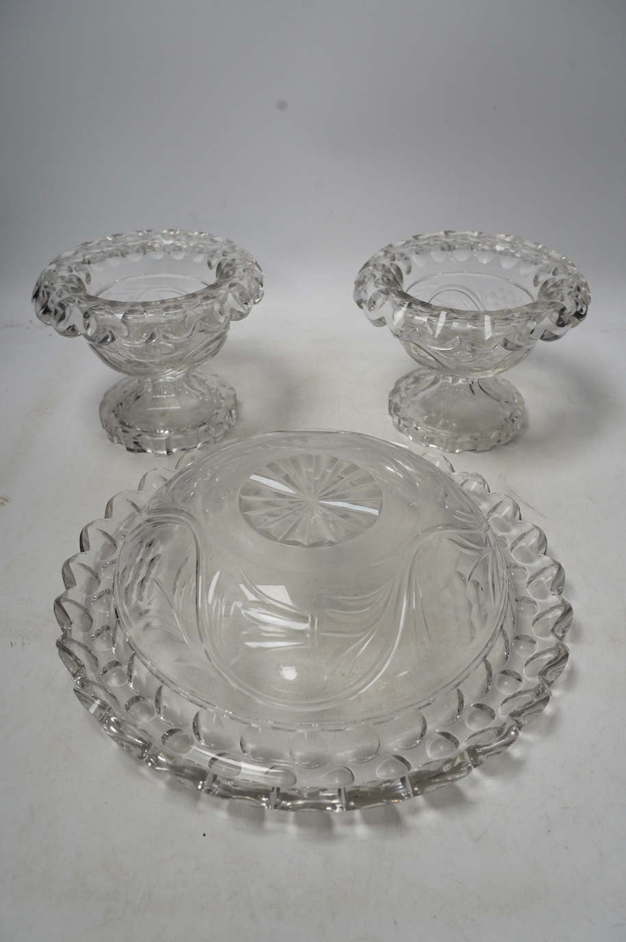 Three Victorian heavy cut glass bowls, largest 28cm. Condition - fair to good